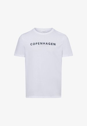 White cotton t-shirt featuring a crew neckline. The front displays the text "COPENHAGEN" and "LINDBERGH" in black. Simple design, short sleeves.