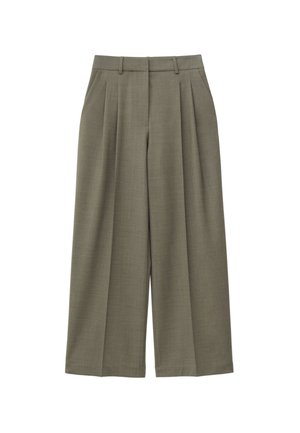 Olivgrüne, weit geschnittene Hosen aus strukturiertem Stoff, mit Falten, einem glatten Bund und klaren Linien für ein maßgeschneidertes Aussehen.
