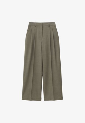 Olivgrüne, weit geschnittene Hosen aus strukturiertem Stoff, mit Falten, einem glatten Bund und klaren Linien für ein maßgeschneidertes Aussehen.