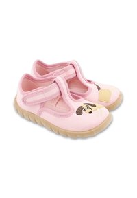 Różowe buty z materiału z zapięciem na rzep, z wzorem psa na przodzie i teksturowaną gumową podeszwą dla lepszej przyczepności.