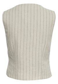 Hihaton beige toppi, valmistettu teksturoidusta kankaasta, jossa ohuita mustia pystysuoria raitoja. Mallissa on istuva leikkaus ja alareunassa kaareva helma.