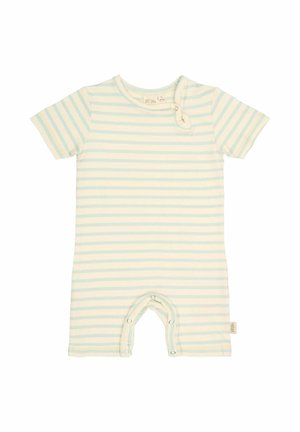 Gestreifter Babystrampler mit kurzen Ärmeln in Hellblau und Creme, aus weicher Baumwolle. Verfügt über Druckknopfverschlüsse im unteren Bereich für leichtes Ankleiden.