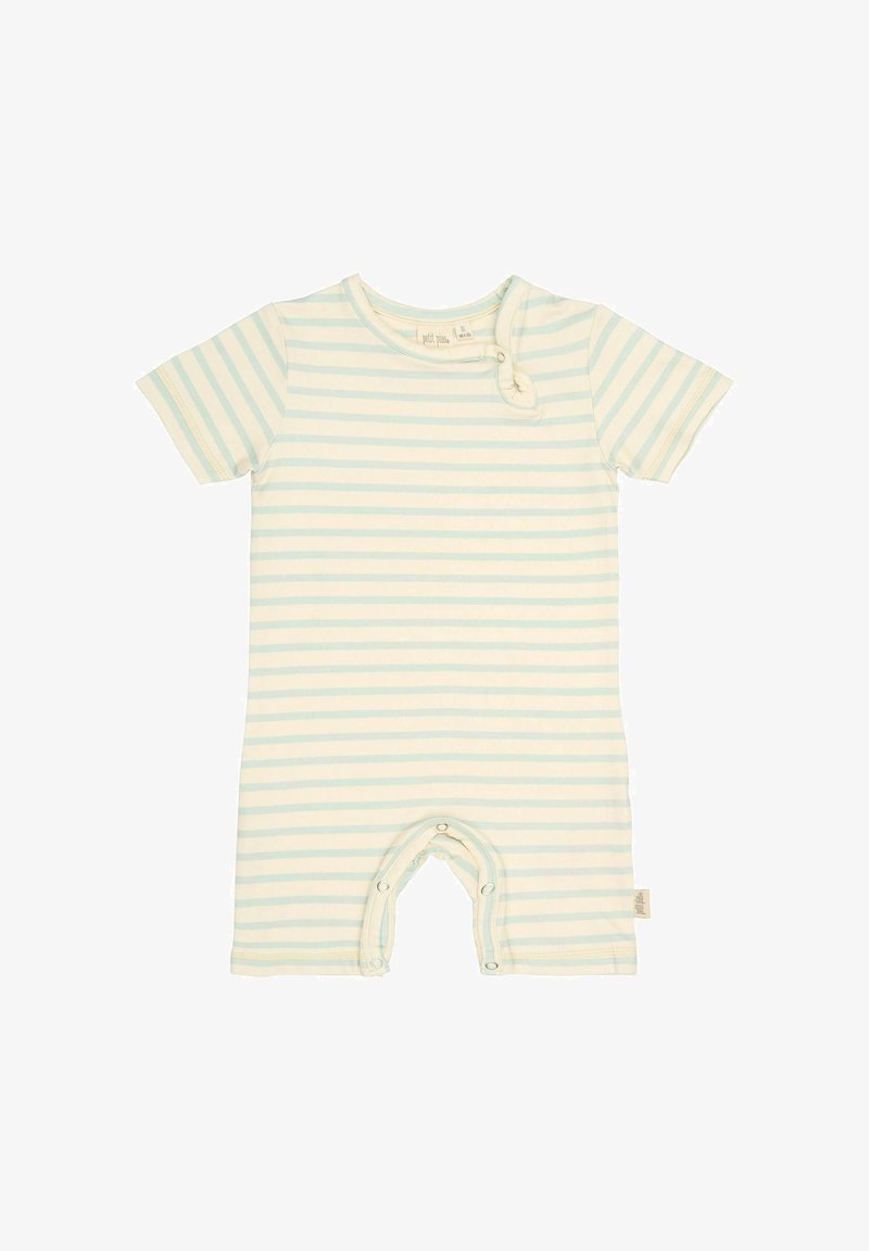 Rompers bébé à manches courtes rayés en bleu clair et crème, fabriqué en doux coton. Dispose de fermetures à pression en bas pour un habillage facile.