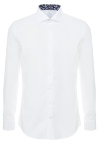 Camicia bianca a maniche lunghe con colletto classico e colletto interno a righe blu navy. Presenta bottoni lungo la parte anteriore e ai polsini.