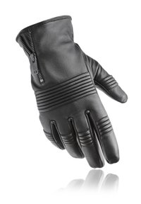 Svart läderhandske med sydda ränder, dragkedjestängning och en slät yta; designad för värme och grepp under kalla förhållanden.