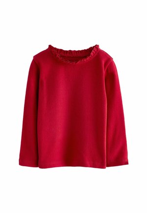 Chemise rouge à manches longues avec encolure ronde à volants, en tissu doux, présentée sur fond blanc.