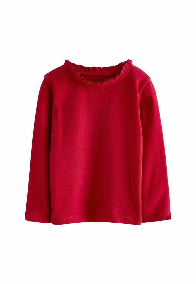 Chemise rouge à manches longues avec encolure ronde à volants, en tissu doux, présentée sur fond blanc.