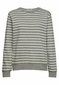 Grauer Pullover mit weißen horizontalen Streifen, Rundhalsausschnitt, langen Ärmeln sowie gerippten Bündchen und Saum aus einem weichen Stoff.