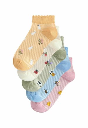 Öt darab bokazokni pasztellszínekben: sárga, zöld, kék, rózsaszín és krém, állat- és virágmintákkal csíkos kivitelben.