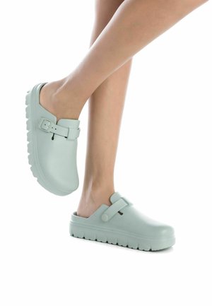 Zuecos azul claro con un acabado mate, que cuentan con una correa de hebilla y una suela gruesa y estriada. El diseño es de espalda abierta para un fácil uso.