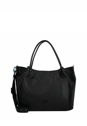 Borsa a tracolla in pelle nera con finitura strutturata, con doppio manico e tracolla rimovibile. Presenta un logo impresso sul frontal.