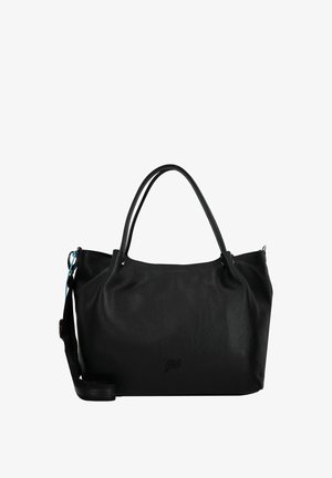 Schwarze Lederhandtasche mit strukturiertem Finish, doppelten Schulterriemen und abnehmbarem Riemen. Mit einem auf der Vorderseite eingeprägten Logo.