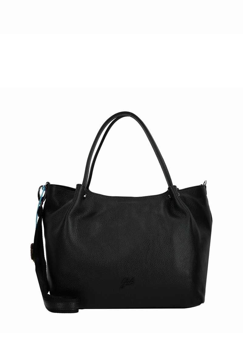 Borsa a tracolla in pelle nera con finitura strutturata, con doppio manico e tracolla rimovibile. Presenta un logo impresso sul frontal.