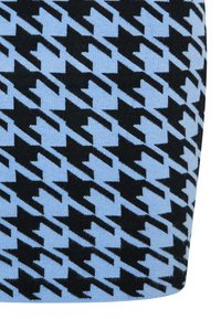 Neulekangas hame, jossa on musta ja vaaleansininen houndstooth-kuvio. Sujuva pinta, tiukka muoto ja ei näkyvää metalliosaa.