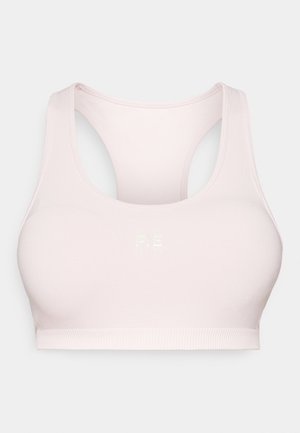 Top desportivo rosa claro com decote redondo e design às costas em forma de corrida. Apresenta um material suave e elástico, e um logótipo discreto na parte frontal.