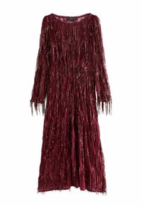 Burgundy dress made of sheer fabric, featuring long sleeves and fringe details with metallic accents cascading down the front.
