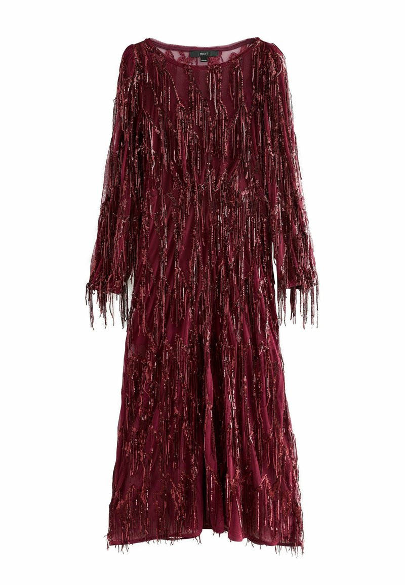 Burgundy dress made of sheer fabric, featuring long sleeves and fringe details with metallic accents cascading down the front.