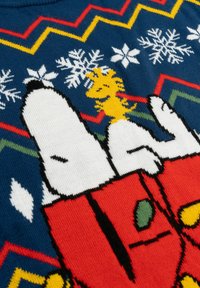 Maglione lavorato a maglia con uno sfondo blu, motivi a zigzag rossi e gialli, e un disegno di Snoopy e Woodstock con fiocchi di neve.