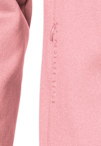 Ljusrosa sweatshirt med en jämn yta, som har en ficka med dragkedja och ett präglat logotyp på ärmen. Enkel design och smal passform.
