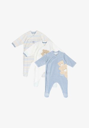Set aus drei Baby-Overalls: gestreifter Stoff in Weiß und Hellblau, plüschig in Blau mit Bärenmotiv, weich in Weiß mit Bärenstickerei, mit langen Ärmeln.