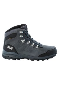 Stivale da hiking grigio con tomaia impermeabile, punta rinforzata, occhielli in metallo e suola testurizzata. Presenta dettagli blu e un collare imbottito.