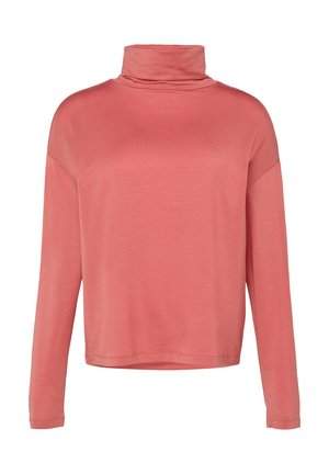 Długi rękaw turtleneck w kolorze koralowym, wykonany z miękkiego materiału o luźnym kroju i szerokim dekolcie. Posiada minimalne szwy i brak wzorów.