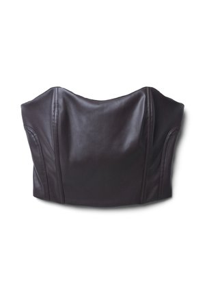 Top bustier in pelle marrone scuro con silhouette strutturata, caratterizzato da linee curve, finitura senza cuciture e dettagli nei pannelli laterali.
