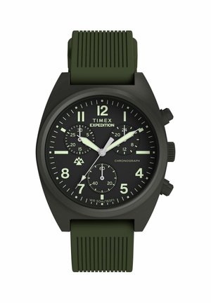 Ceas cronograf Timex Expedition negru cu ace luminescente verzi, trei cadrane auxiliare și o curea din silicon olive verde cu striații.