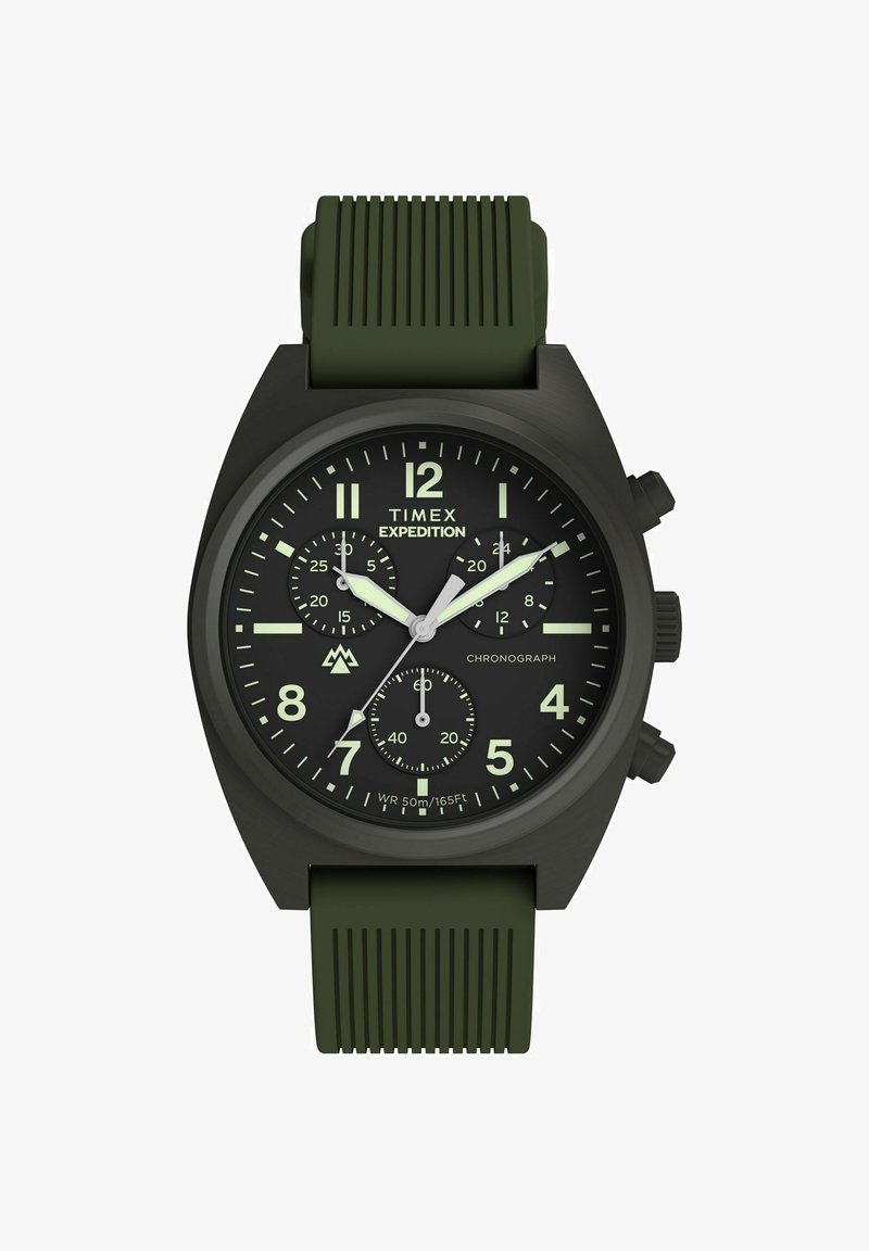 Montre chronographe Timex Expedition noire avec aiguilles luminescentes vertes, trois sous-cadrans et bracelet en silicone côtelé vert olive.