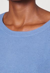 Maglione a maglia azzurro chiaro con scollatura rotonda, caratterizzato da un motivo testurizzato e da un tessuto morbido e liscio. Ingrandimento dell'area del colletto.