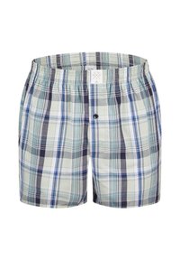 Shorts en tartan dans des tons vert clair, bleu et marine, dotés d'une taille élastique et d'un détail à un bouton à l'avant. En matériau en coton.