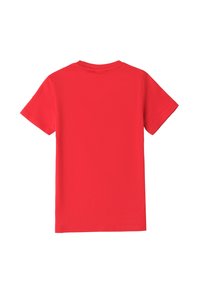 Camiseta de algodón roja con mangas cortas, cuello redondo, textura suave y una parte posterior lisa sin gráficos ni adornos.