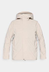 Geacă impermeabilă bej cu glugă, cu buzunare cu fermoar și textură netedă. Design minimalist, fără modele sau accente vizibile.