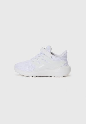 White athletic shoe with mesh upper, lace and strap closure, cushioned sole, and smooth accents, designed for comfort and support.