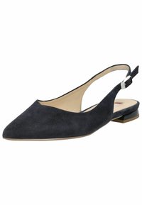 Ploché boty na podpatku v tmavě námořnické sametové tkanině, s špičatou špičkou, mělkým podpatkem a minimalistickým páskem kolem kotníku se stříbrnými detaily.