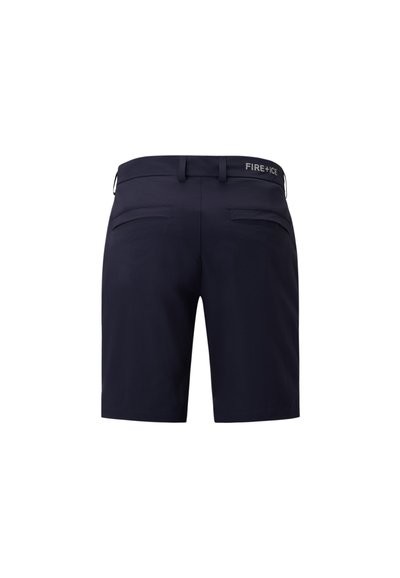 Marineblaue Shorts aus glattem Stoff mit flachem Bund, zwei Gesäßtaschen und einem Logo-Bund. Hat ein tailliertes, mittellanges Design.