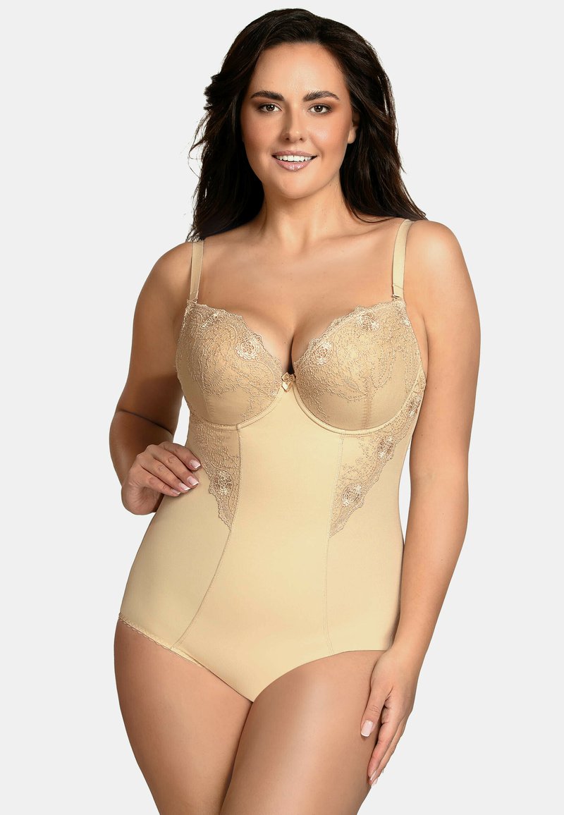 Beige csipkés bodysuit, alátámasztó huzallal, sima textúrával és díszítő elemekkel a melltartó részen és az oldalakon.