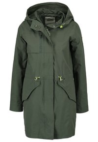 Olivgrön parka-jacka med huva, framdragkedja, två stora fickor, justerbara snoddar och ett mjukt, vattenavvisande tyg.