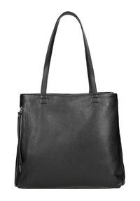 Borsa a tracolla nera in pelle con superficie testurizzata, due manici lunghi e una tasca con zip laterale. Forma rettangolare semplice e design strutturato.