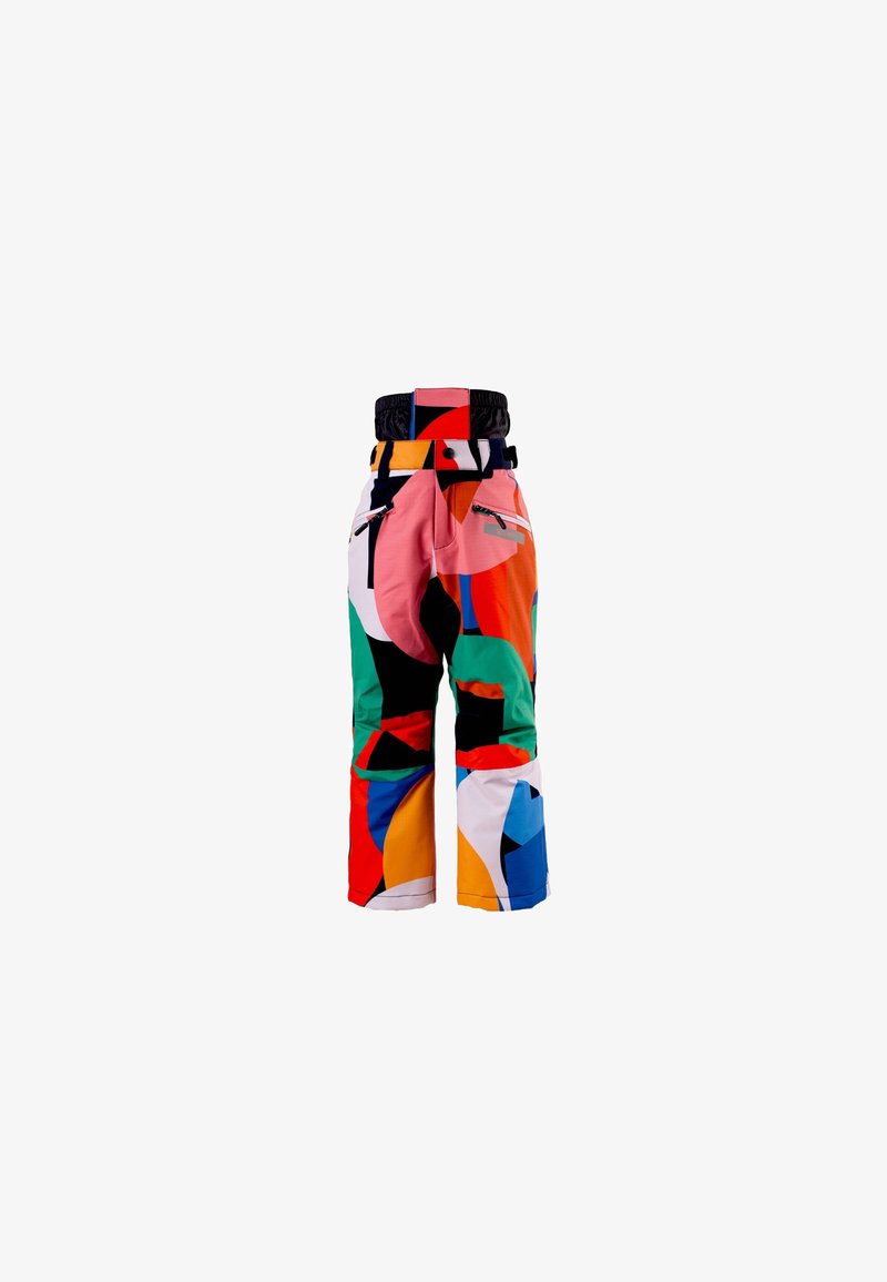 Colorful ski pants with a graphic design featuring various shapes in red, green, blue, and black. Elastic waistband and zippered pockets.