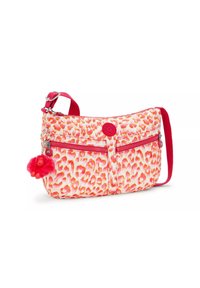 Borsa a spalla con motivo leopardato in un vivace rosa e arancione, dotata di due tasche con zip, un charm peloso rimovibile e una tracolla regolabile.