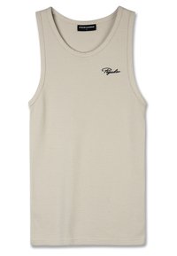 Lys beige singlet laget av teksturert stoff. Har rund halslinning og brodert svart logo på brystet. Ermeløs design.