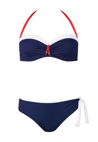 Granatowy bikini z czerwonymi ramiączkami, białym wykończeniem w kropki oraz dekoracyjną kokardą z przodu. Dół ma zawiązywany bok. Gładka faktura.