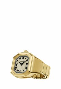 Montre octogonale en or avec un cadran texturé, des chiffres romains et un bracelet en métal lié. Dispose d'une couronne pour le réglage de l'heure.