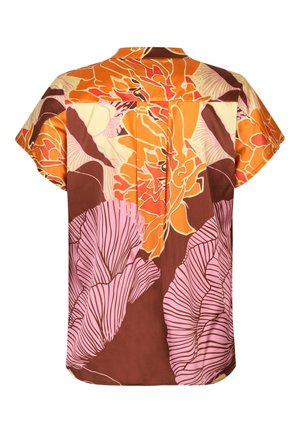 Short-sleeve, collared shirt in lightweight fabric featuring a floral pattern in orange, pink, and brown hues; relaxed fit with box pleat detail.