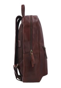 Brauner Leder-Rucksack, seitlich gezeigt, mit zwei Reißverschlussfächern und gepolstertem Rückenteil sowie verstellbaren Schultergurten.
