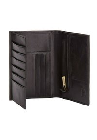 Portafoglio in pelle nera con più slot per carte, una tasca con zip e una texture liscia. Presenta branding interno e cuciture dettagliate.