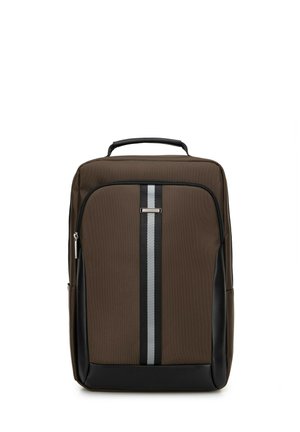 Brown fabric backpack with a vertical gray stripe, smooth black accents, top handle, and zippered compartments. Features a structured shape.