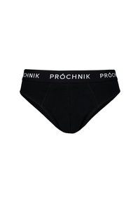 Czarne męskie majtki wykonane z miękkiej bawełny, z białym elastycznym paskiem na biodra z logo "PRÓCHNIK" oraz przednim panelem zapewniającym wsparcie.