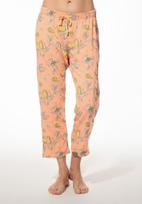 Lichte, perzikkleurige pyjamabroek met een citroen- en bloemenprint, elastische tailleband en trekkoord, halflang bij de enkels.